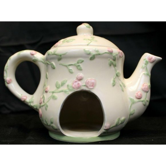 Floral Pink Teapot Tart Warmer Tealight Candle Holder Rose Romantic Cottage Whit - Picture 2 of 10